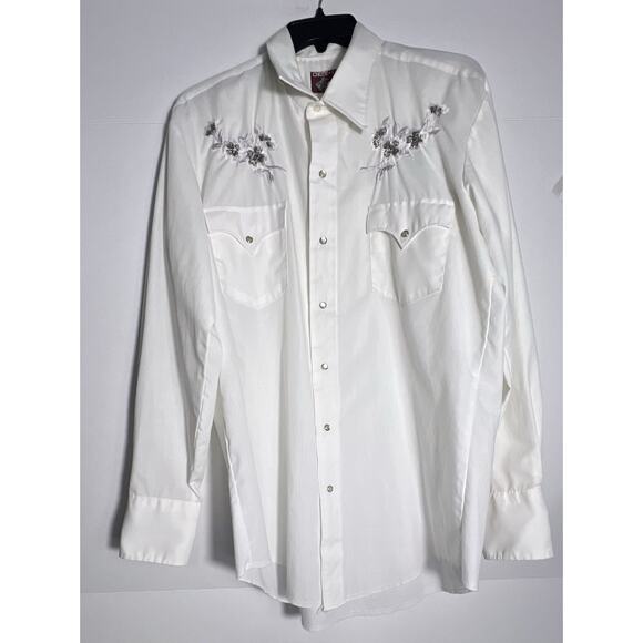 Chute Western Shirt White Embroidered Flowers Pearl Snap Large Cowgirl ranch - Picture 2 of 7